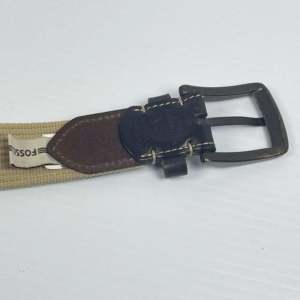 Fossil Utility Woven Cloth Belt‎ Size 40 Men's Beige Tan Brown Leather Accent